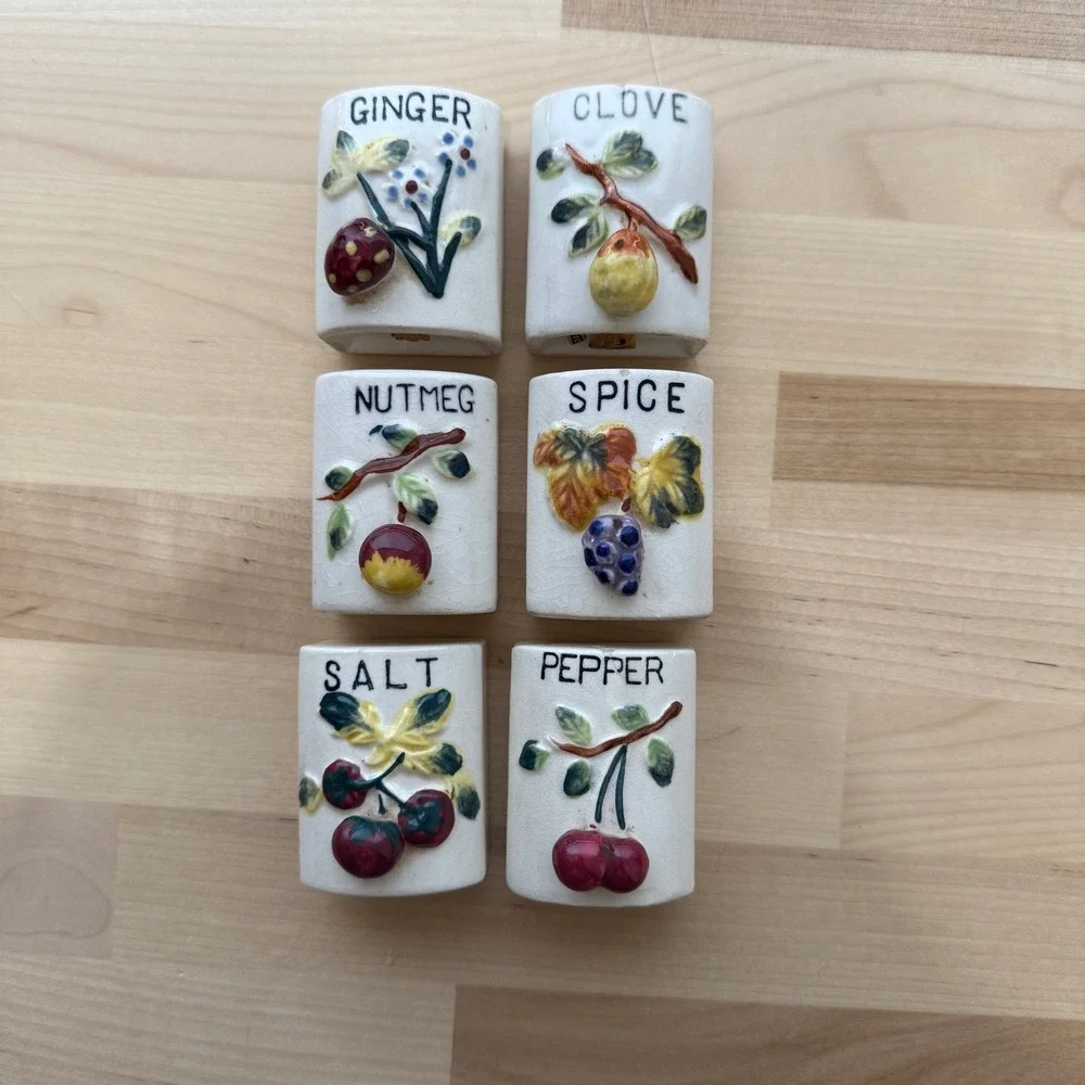 Vintage 50s Japanese Ceramic Hand Painted Fruit Motif Spice Shaker Set Six (6)‎